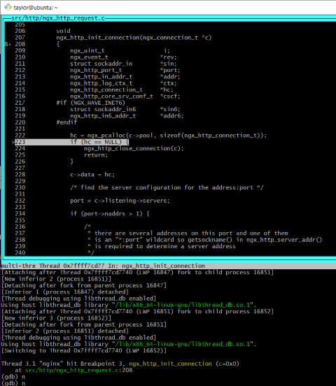 walking through nginx code in gdb